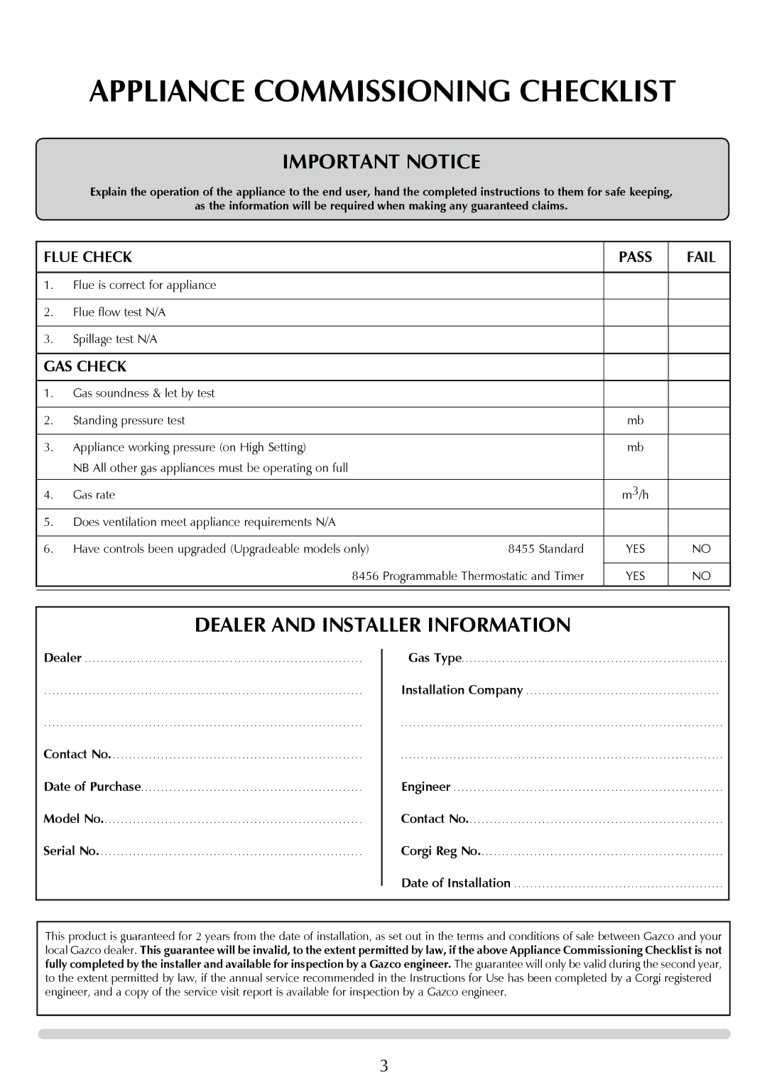 Stovax P8627 BS, P8627 MA manual Appliance Commissioning Checklist, Flue Check, Pass Fail, Gas Check 